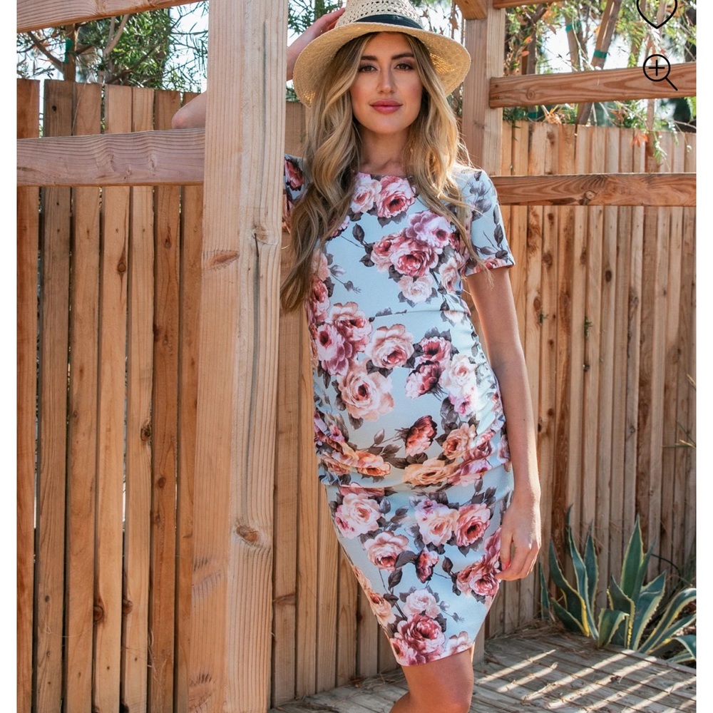 PinkBlush Light Blue Rose Floral Fitted Maternity Dress